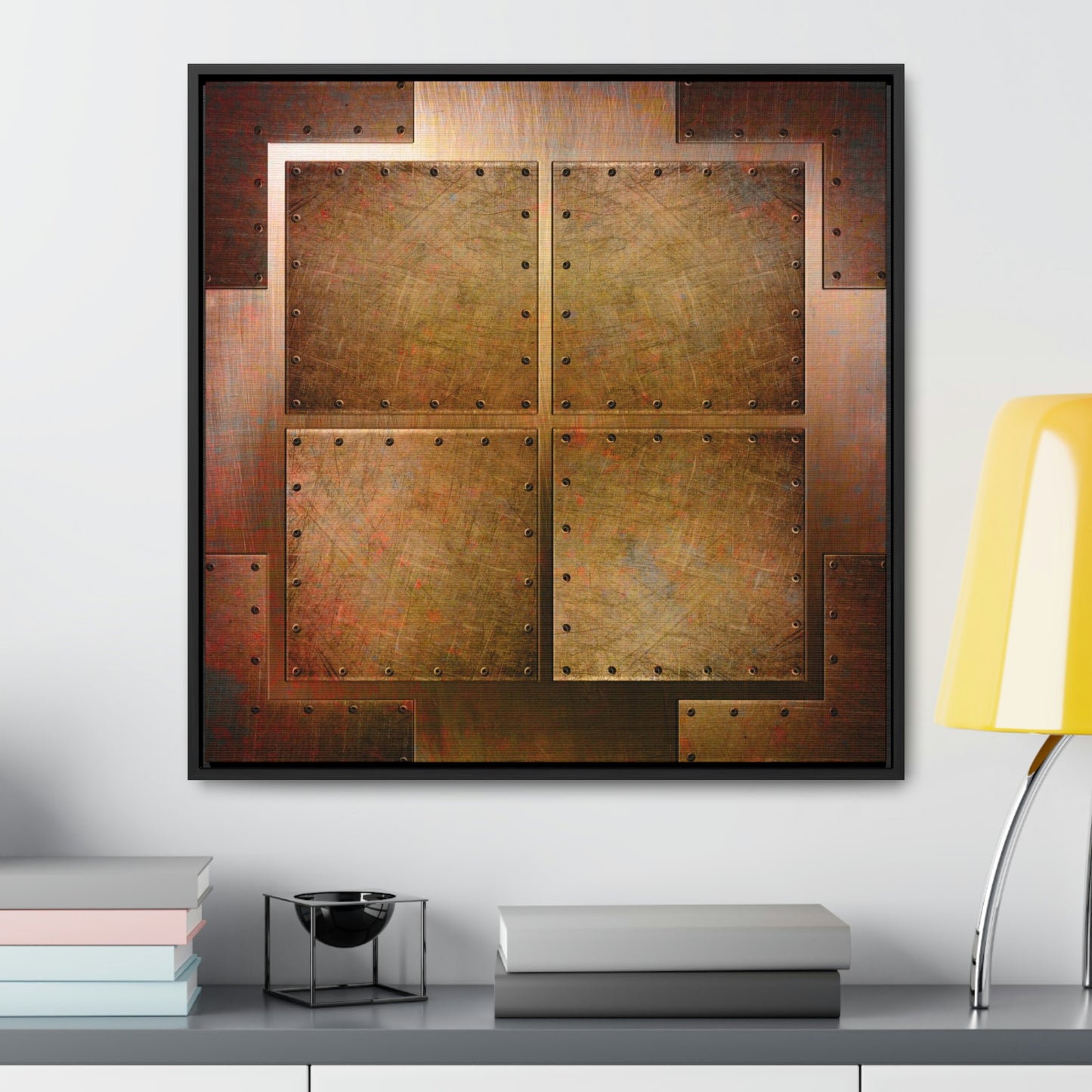 Steampunk Themed Framed Wall Art - Distressed, Riveted Copper Sheets Print on Canvas in a Floating Frame hung on white wall
