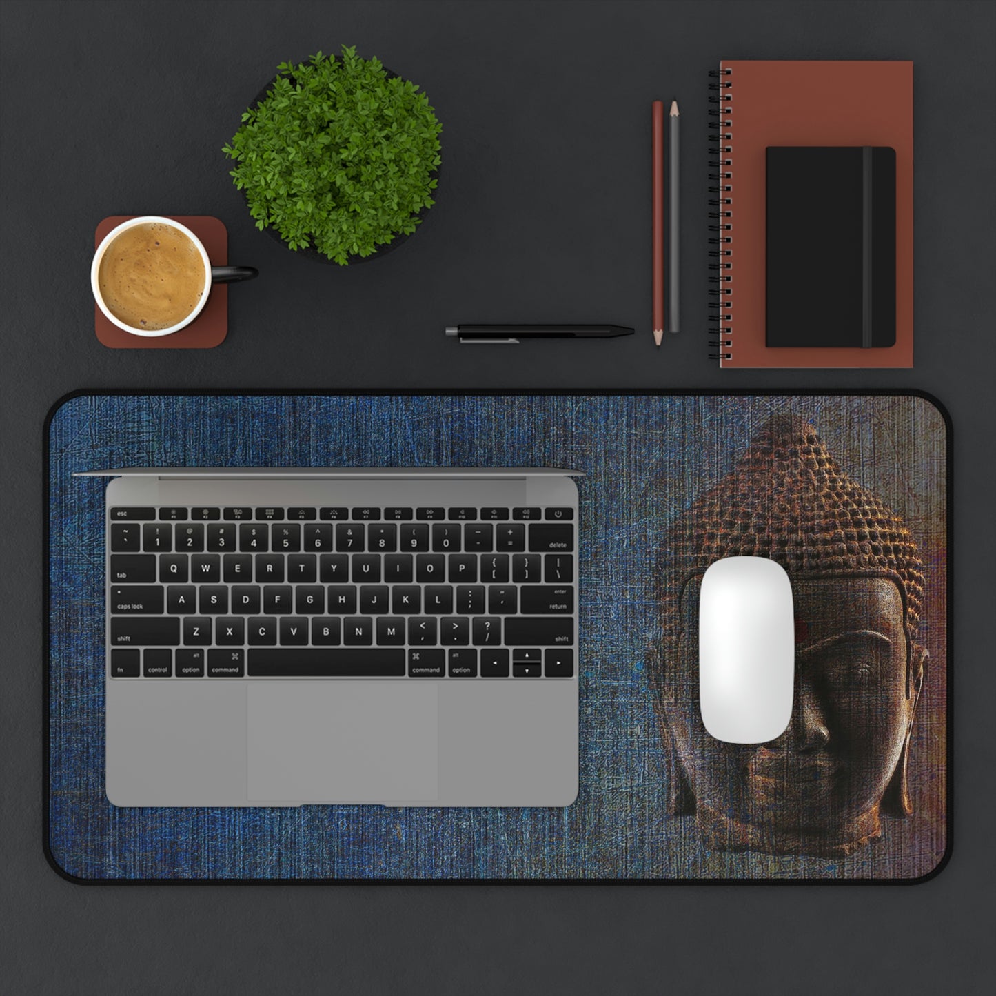 Buddha Themed Desk Accessories - Blue Buddha Head Neoprene Desk mat 12 by 22 with laptop