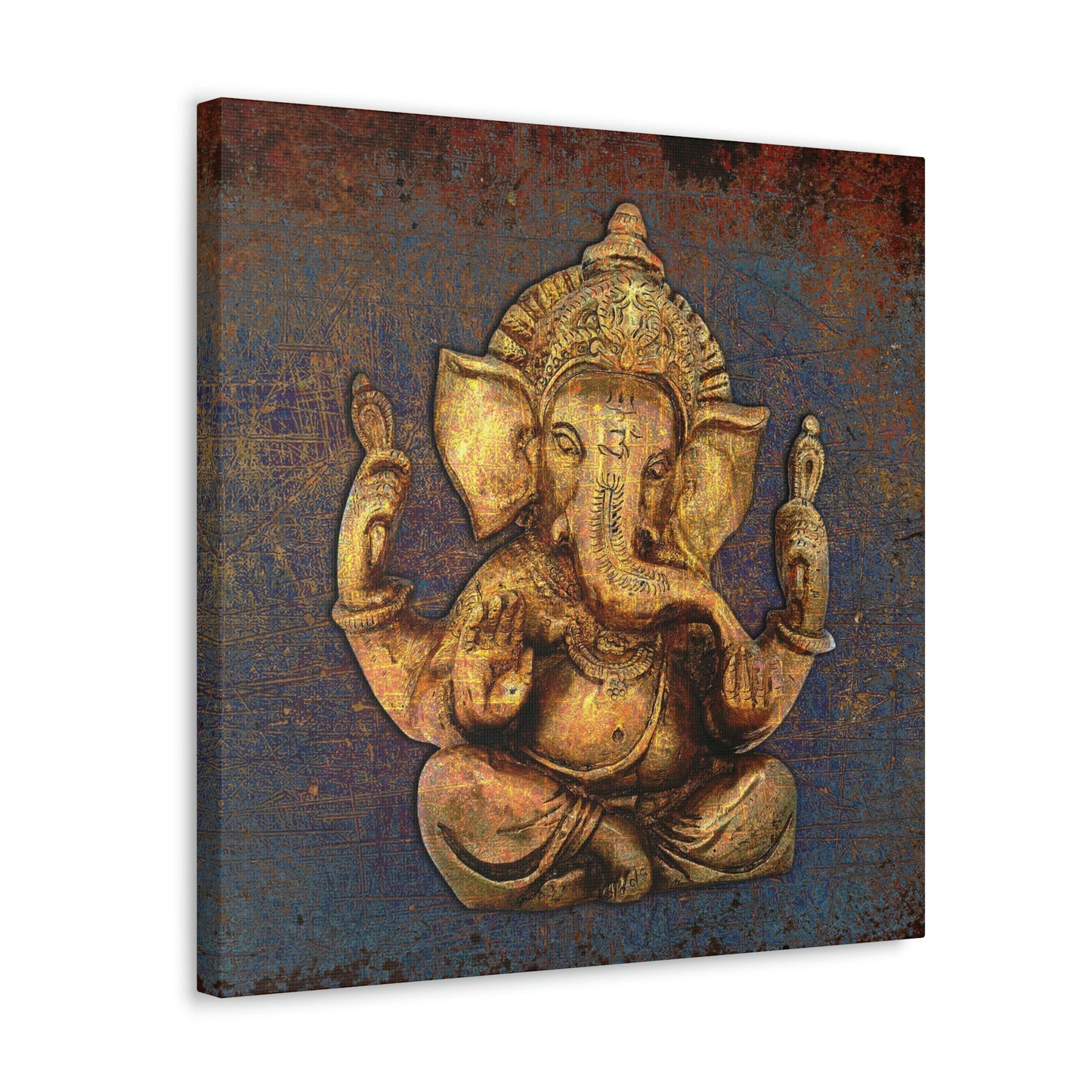 Ganesha on a Distressed Purple and Orange Background Printed on Unframed Stretched Canvas side view