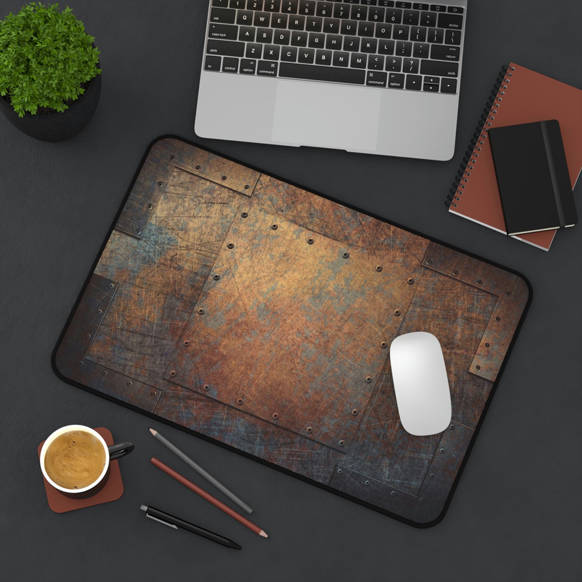 Steampunk Themed Desk Accessories - Patinated, Weather Beaten, Riveted Copper Sheets Print on Neoprene Desk Mat 12 x 18 in situ