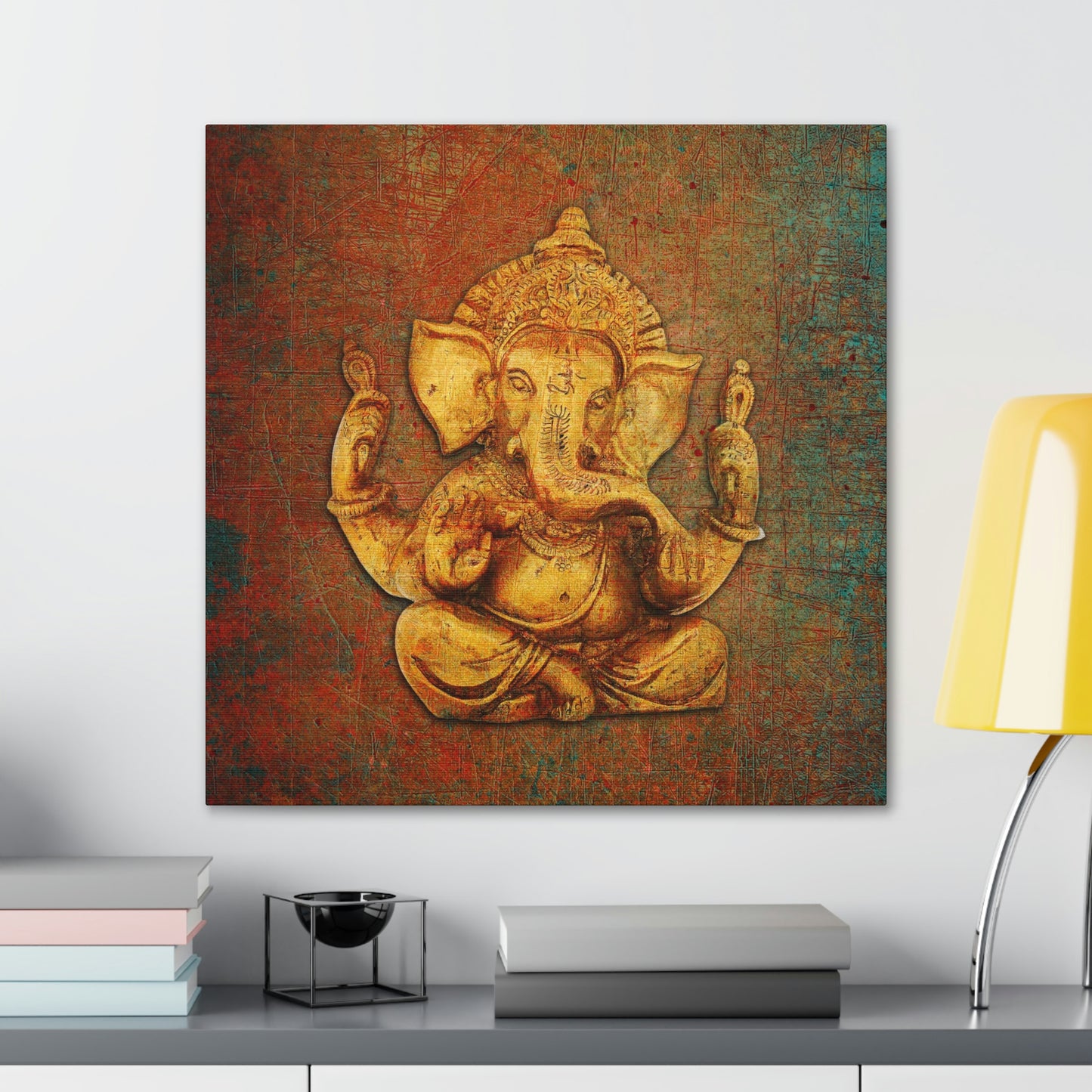 Ganesha on a Distressed Background Printed on Unframed Stretched Canvas hung on wall