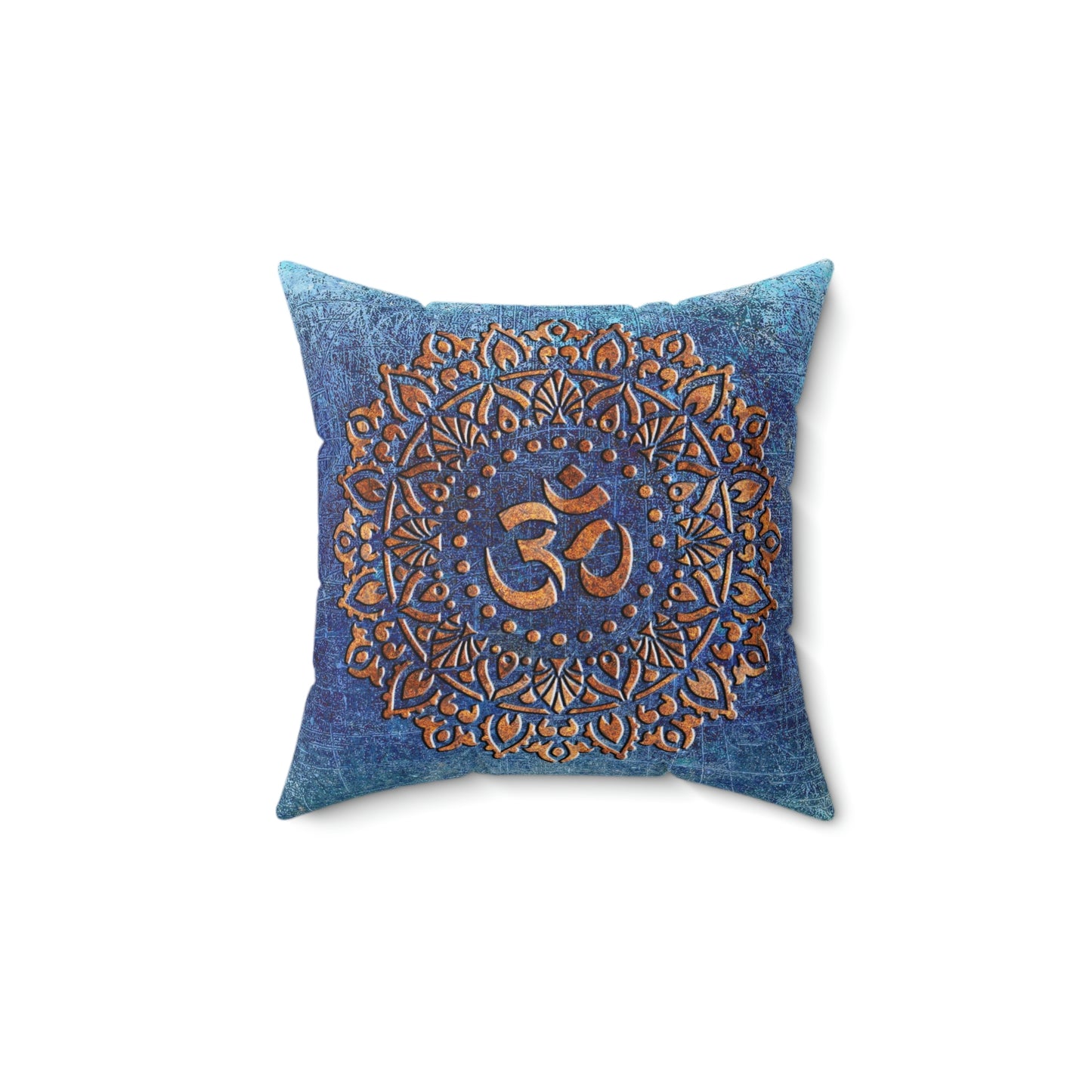 Copper Color Ohm Symbol Mandala Style Print on Distressed Blue Background Spun Polyester Square Pillow - 4 sizes available