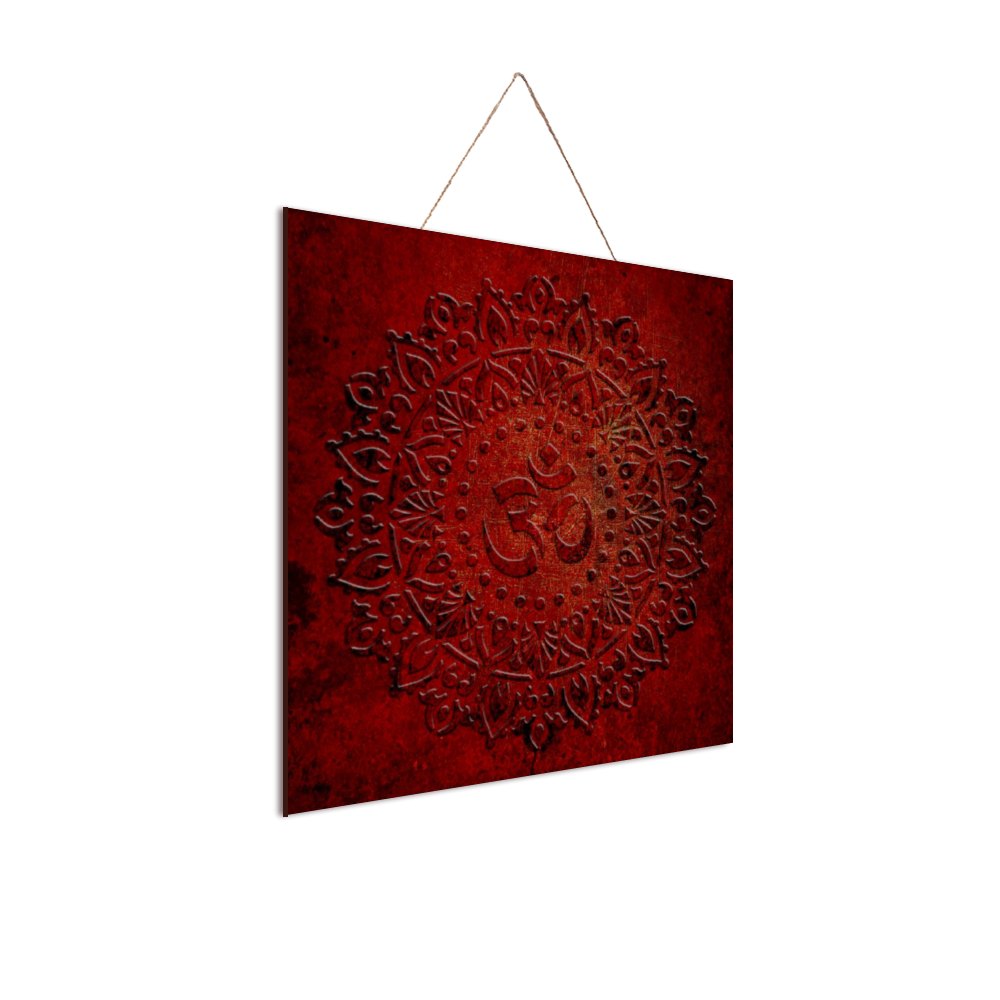 Om Symbol Mandala Style on Red Background Printed Wooden Plaque side view