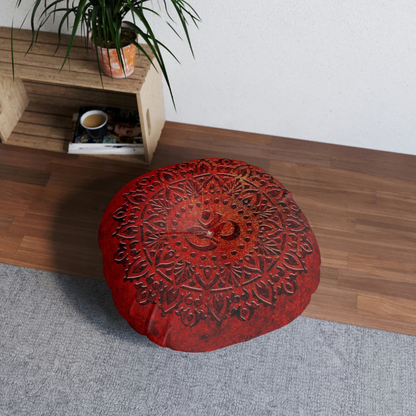 Mandala Style Om Symbol on Lava Red Background Print on Round Tufted Floor Pillow 26x26
