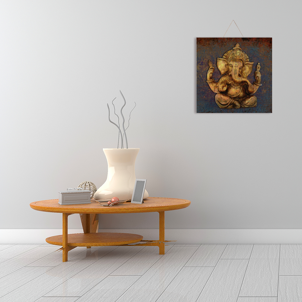 Ganesha on a Distressed Purple and Orange Background Print on Wood hung above table