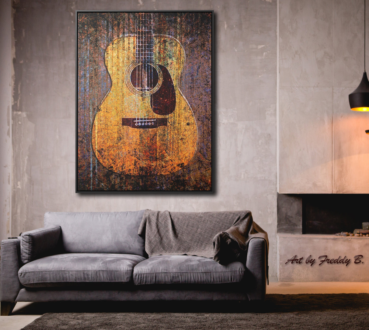  Acoustic Guitar Printed on Stretched Rectangular Canvas in a Black Floating Frame hung on wall