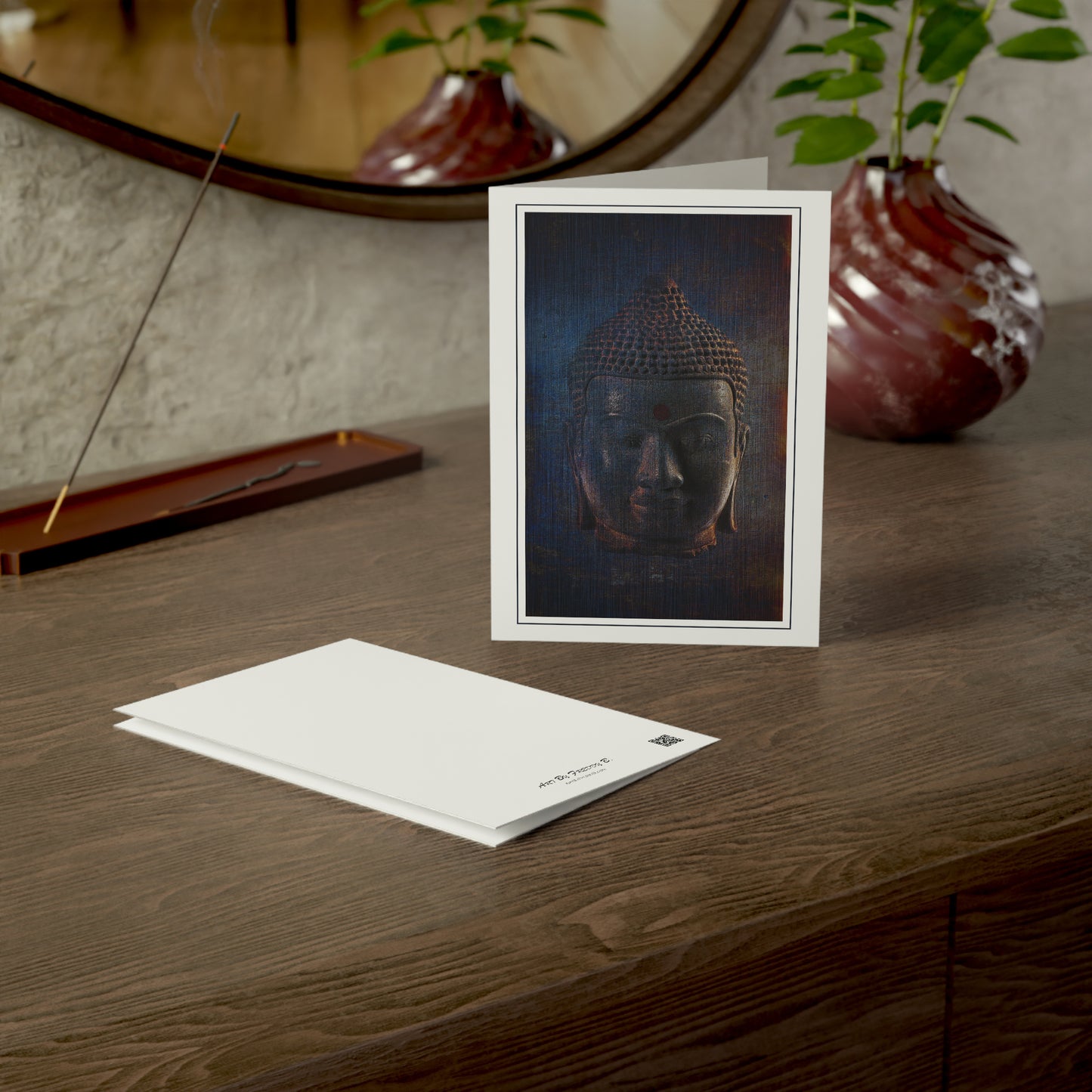 Blue Buddha Head Greeting Cards With Gratitude Message - Buddha Themed Stationery and Cards on table