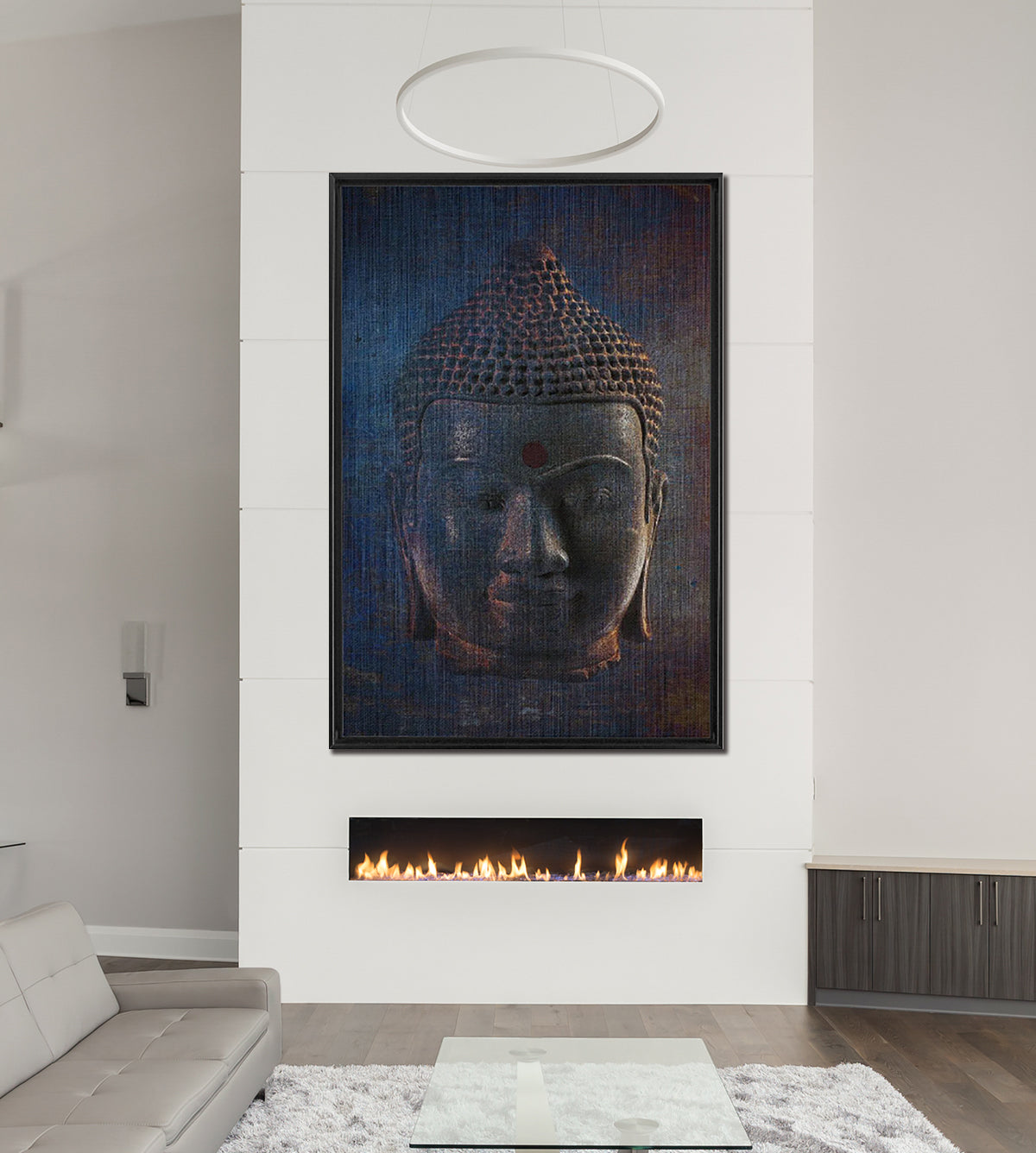 Blue Buddha Head on Distressed Background Print on Canvas in a Floating Frame hung above fireplace
