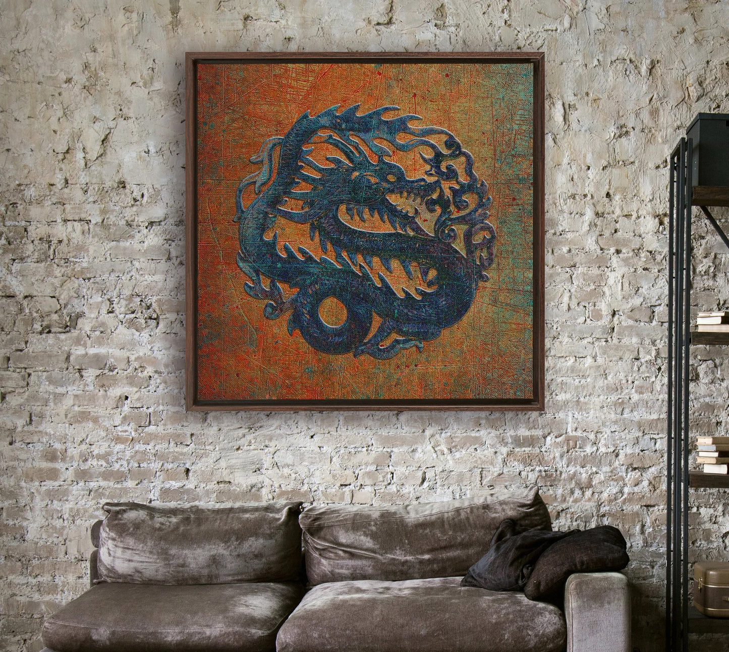 Blue Chinese Dragon on Distressed Stone Background Floating Frame Canvas hung
