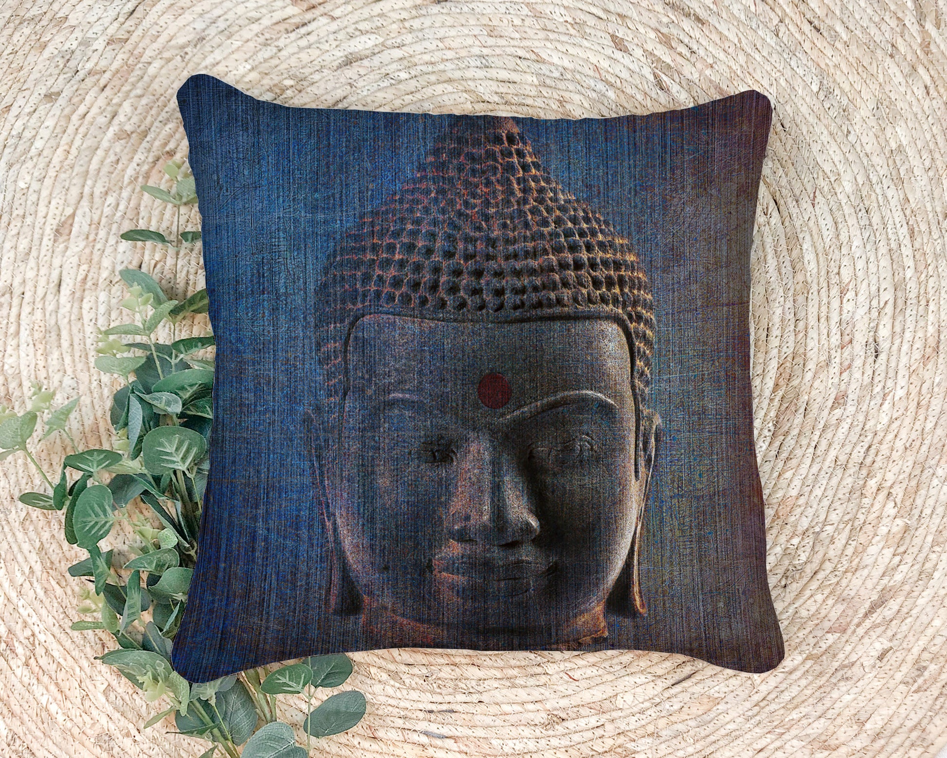 Distressed Blue Buddha Head Print on Outdoor Pillow on Rug