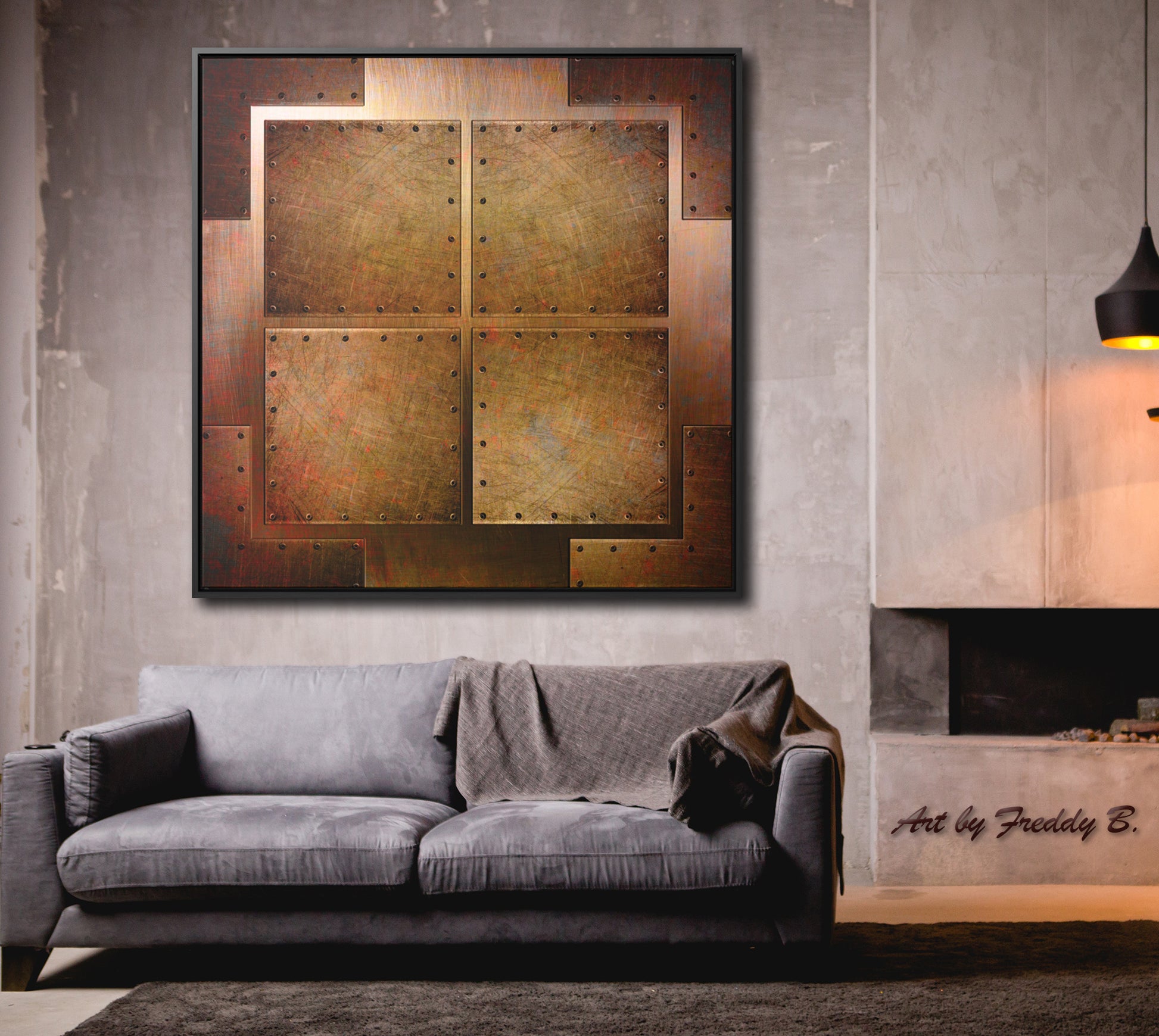 Steampunk Themed Framed Wall Art - Distressed, Riveted Copper Sheets Print on Canvas in a Floating Frame hung by fireplace
