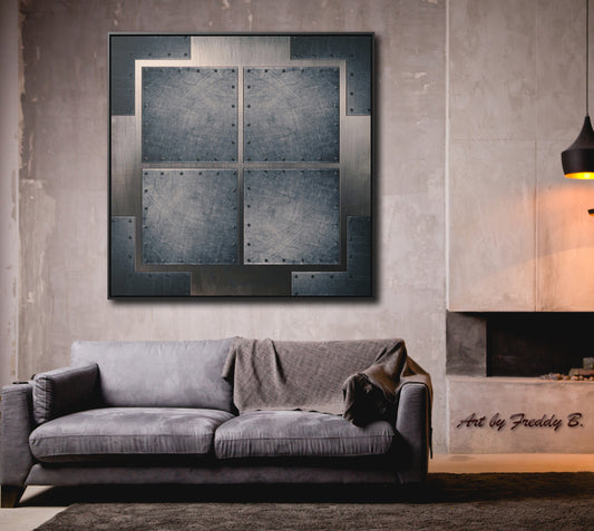 Industrial Themed Wall Decor - Distressed Steel Sheets Print on Canvas in a Floating Frame hung by fireplace