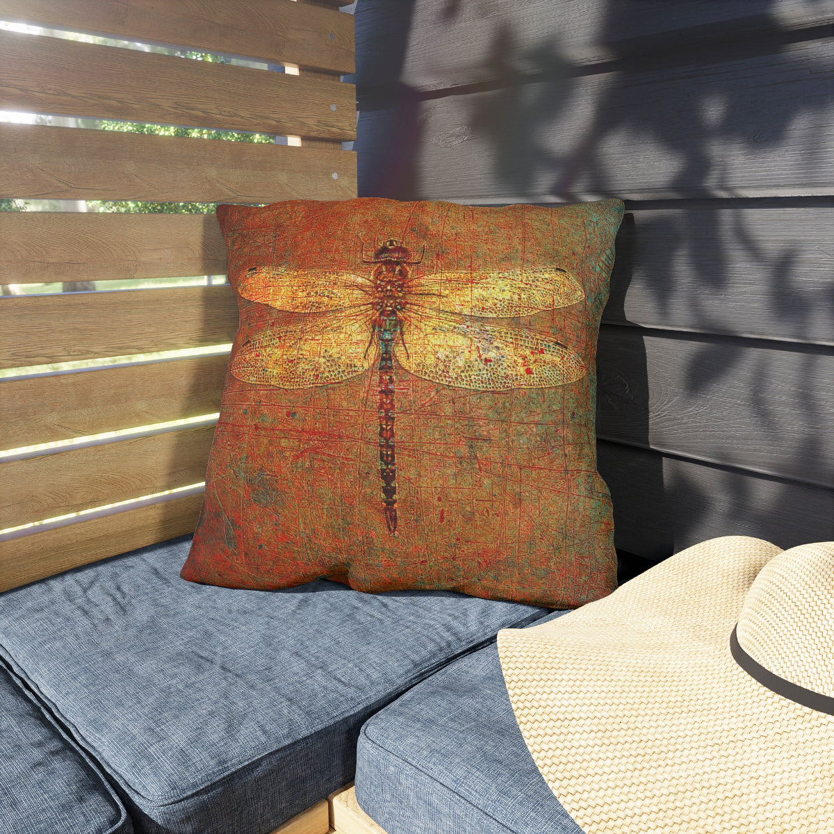 Double Sided Outdoor Pillows - Golden Dragonfly on Distressed Orange Background front on patio