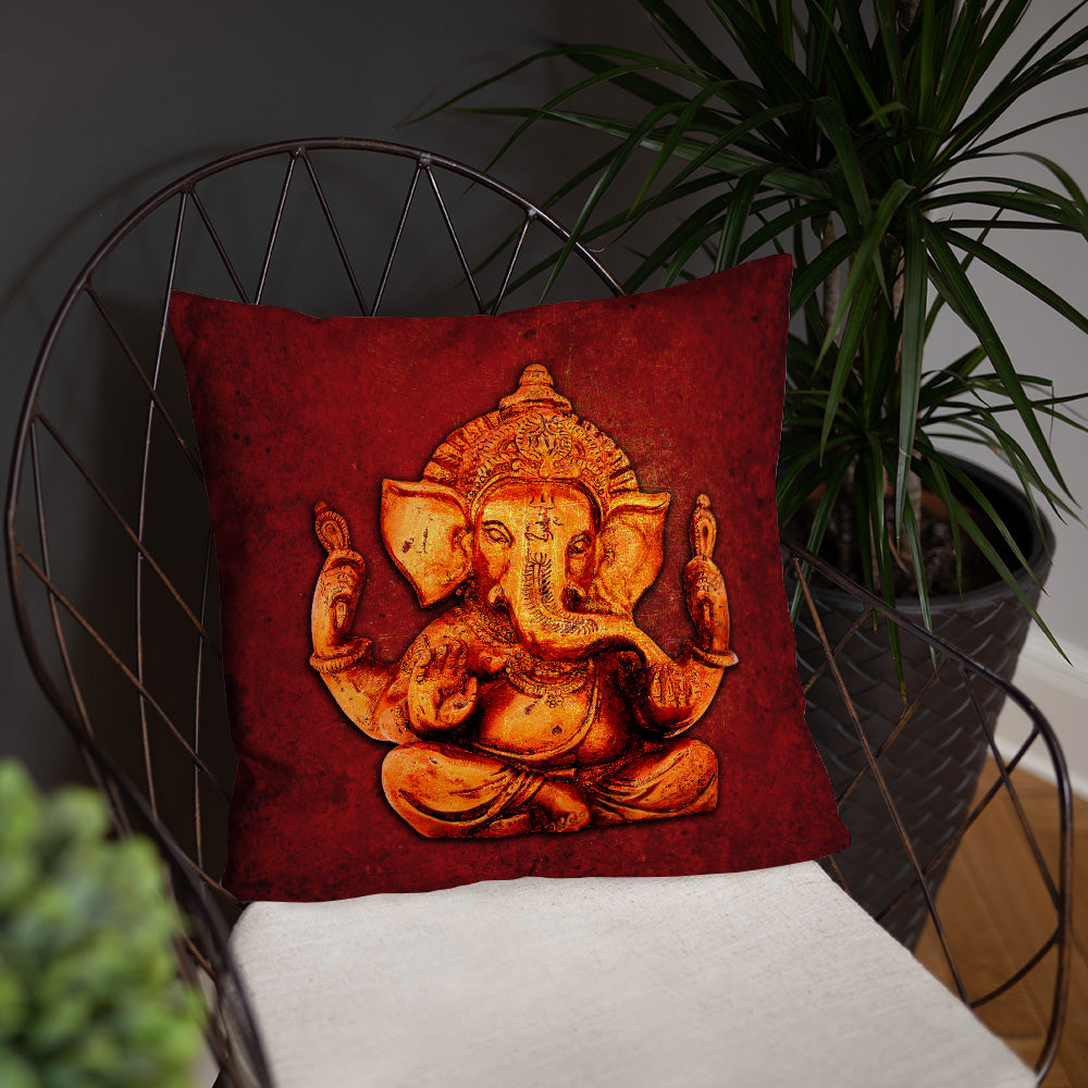 Double Sided Outdoor Pillows - Ganesha on a Distressed Lava Red Background Print shown on chair