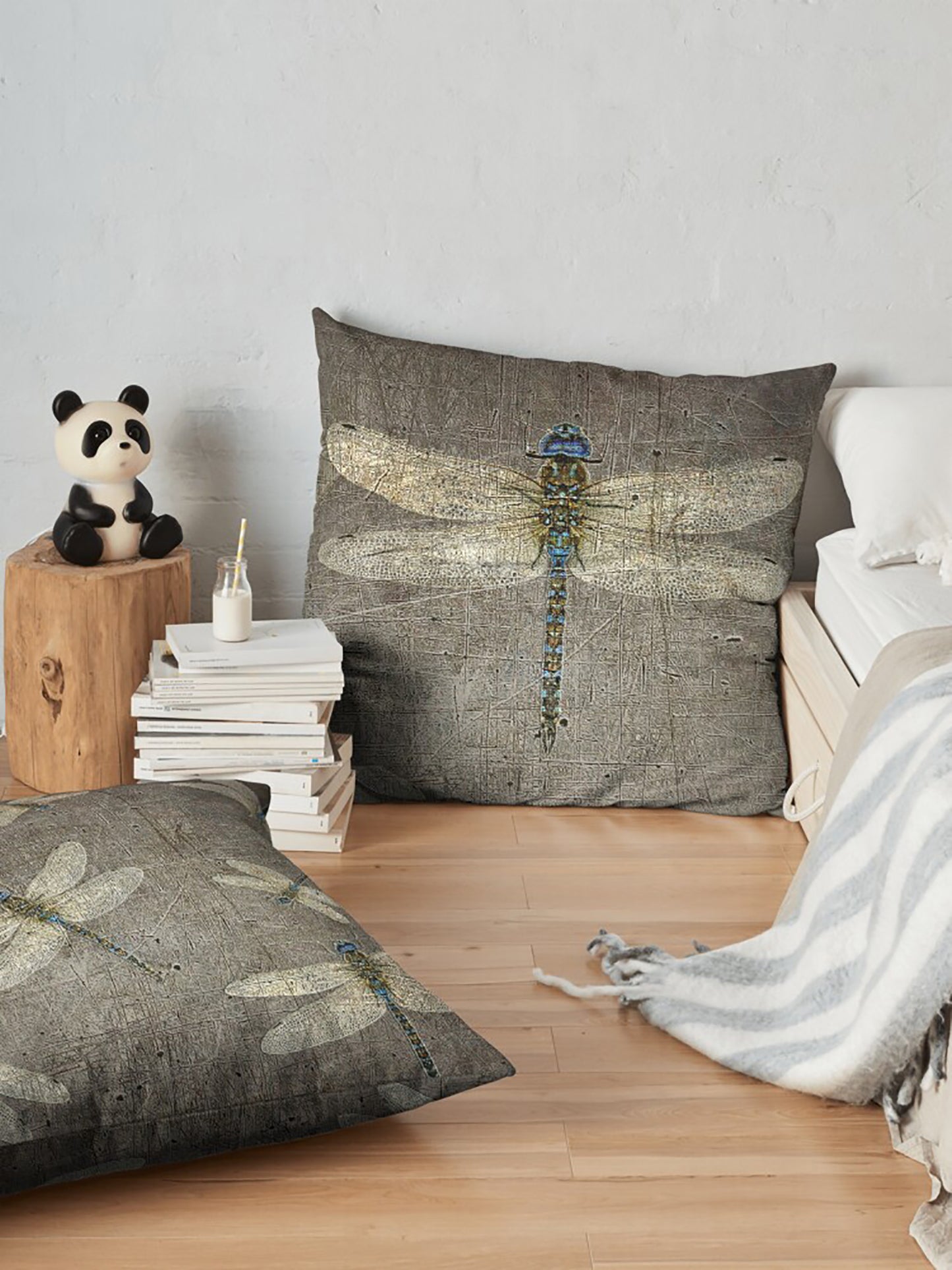 Double Sided Throw Pillows - Dragonfly on Distressed Gray Background - 3 Sizes Available