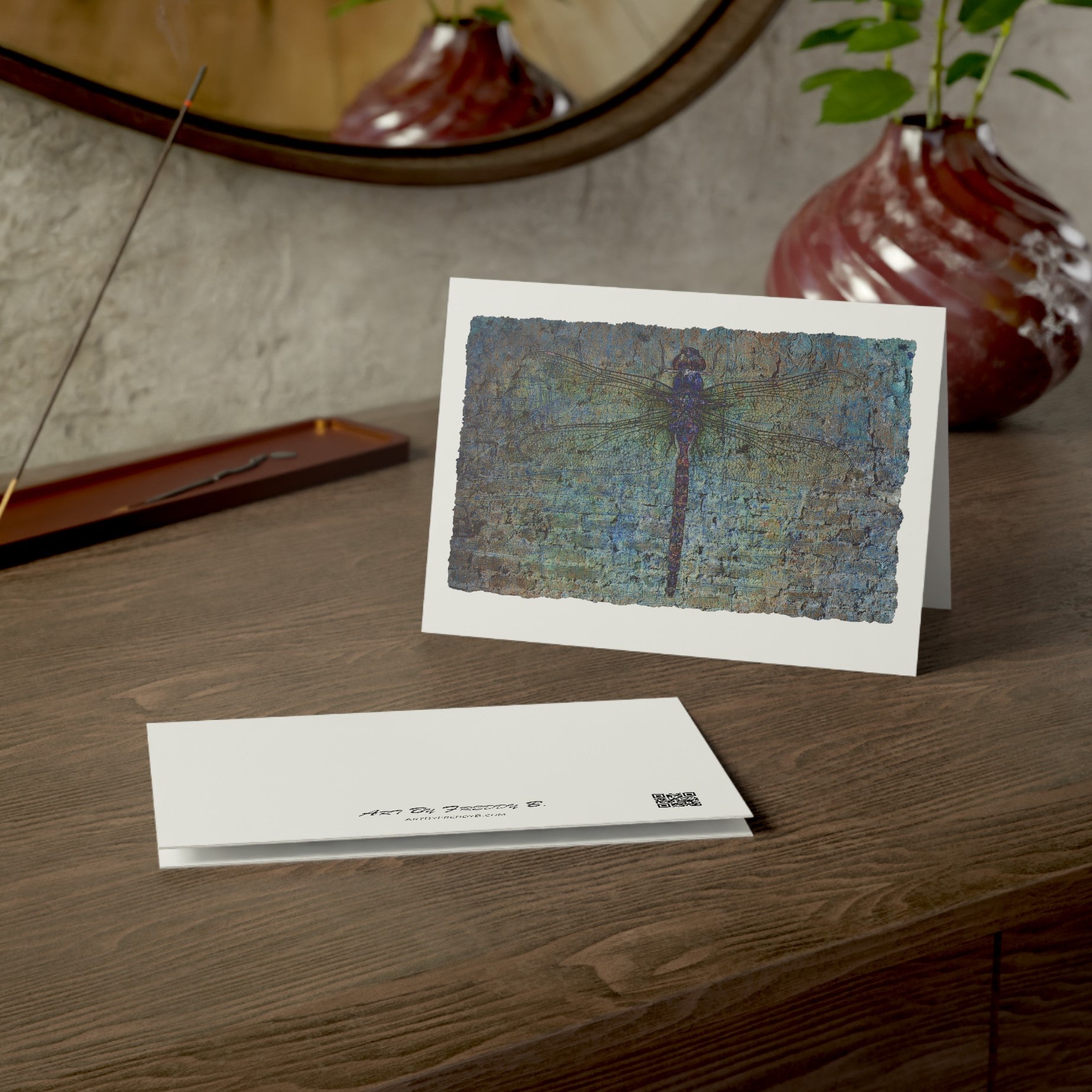 Dragonfly Print Greeting Cards Blue Dragonfly on Brick Stationery and Blank Cards on table