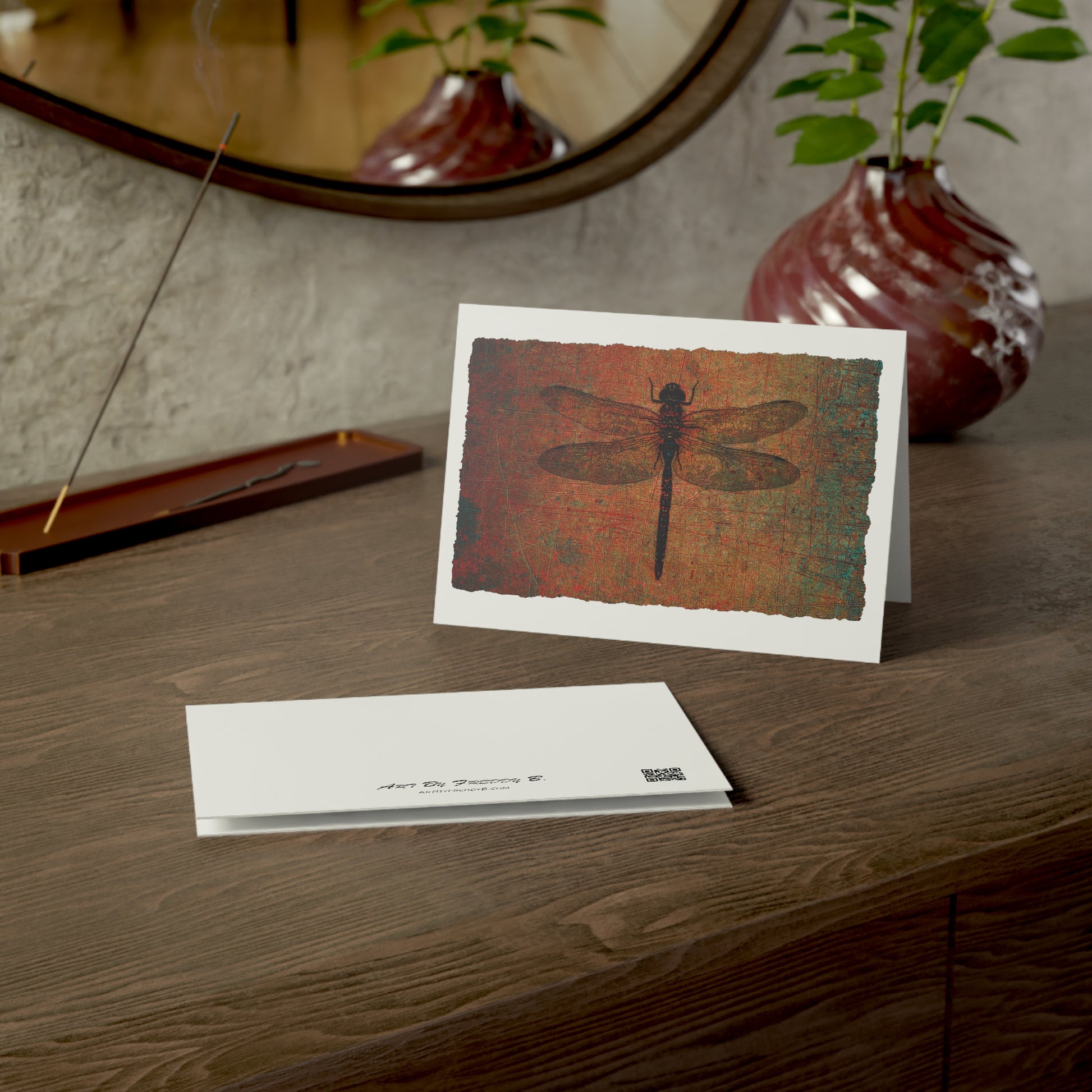 Dragonfly Print Greeting Cards Brown Dragonfly Stationery and Blank Cards on table