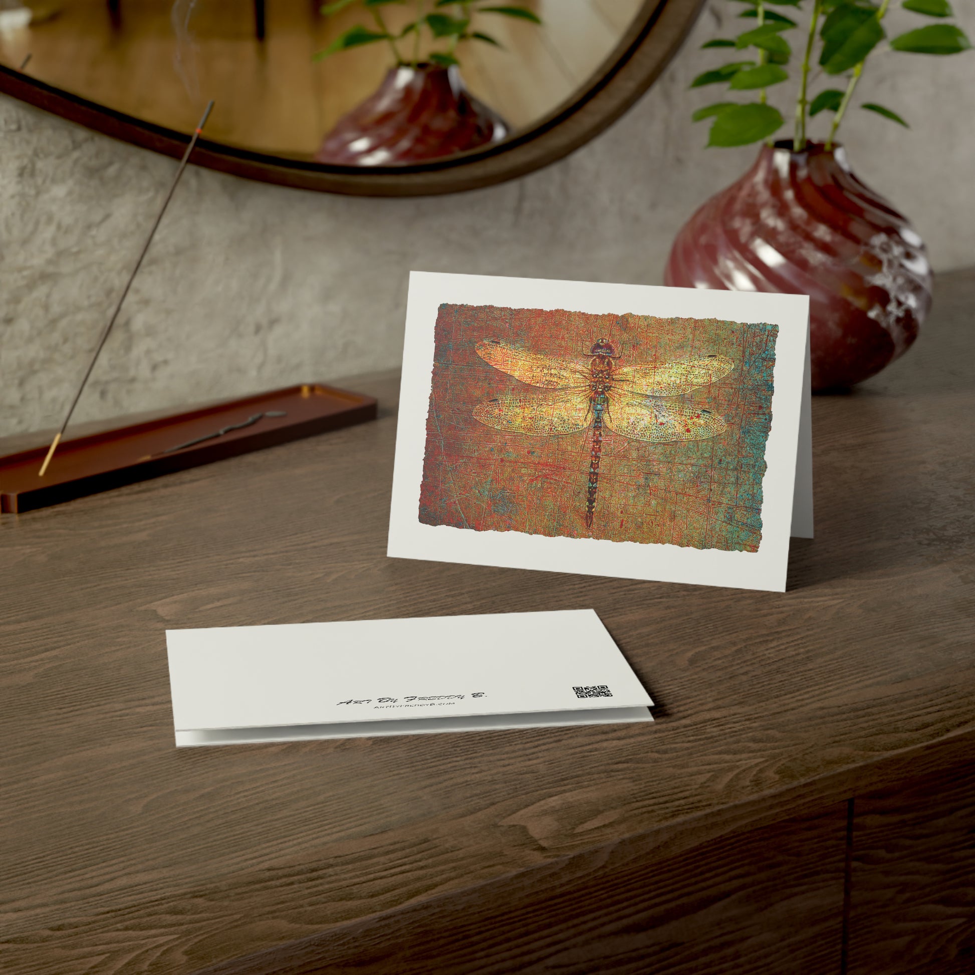 Dragonfly Print Greeting Cards Golden Dragonfly Stationery and Blank Cards on desk