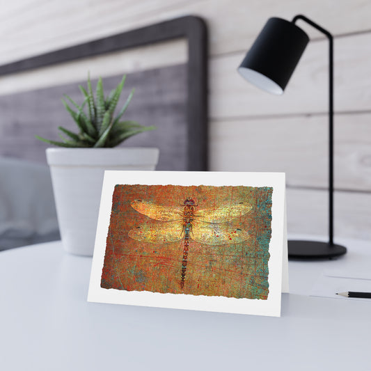 Dragonfly Print Greeting Cards Golden Dragonfly Stationery and Blank Cards under light