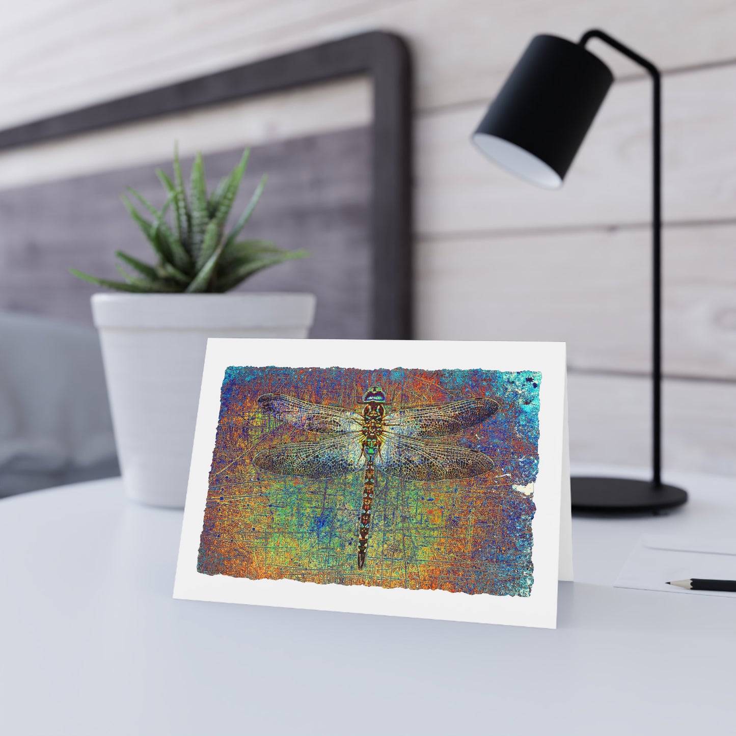 Dragonfly Print Greeting Cards Multicolor Dragonfly Stationery and Blank Cards under light