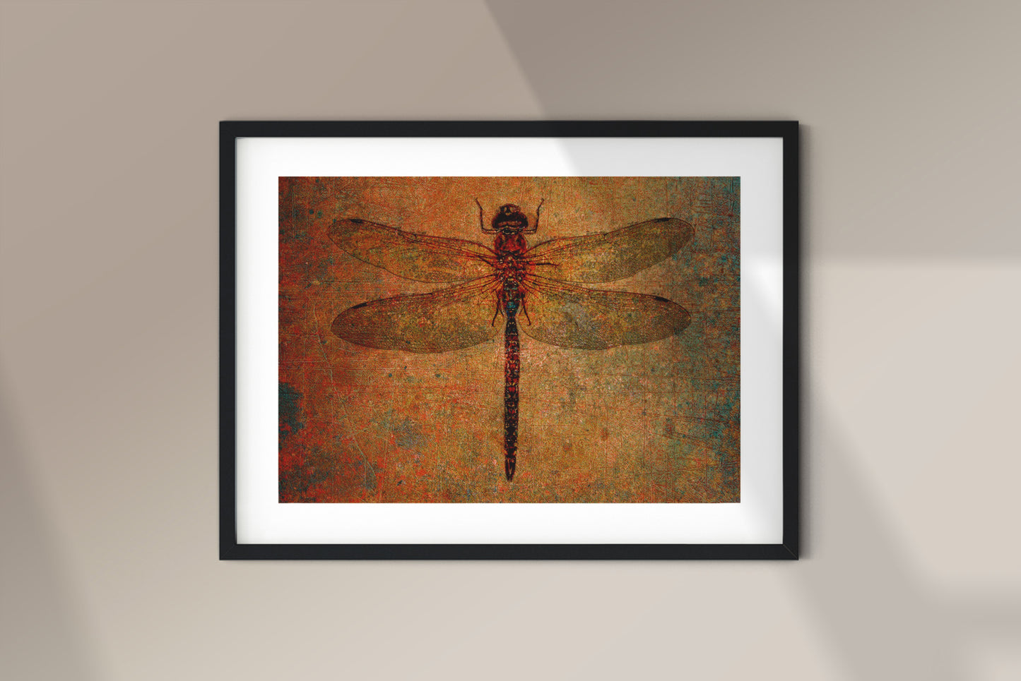 Dragonfly on Distressed Background  Rectangular Museum-quality Print on Archival paper framed and hung