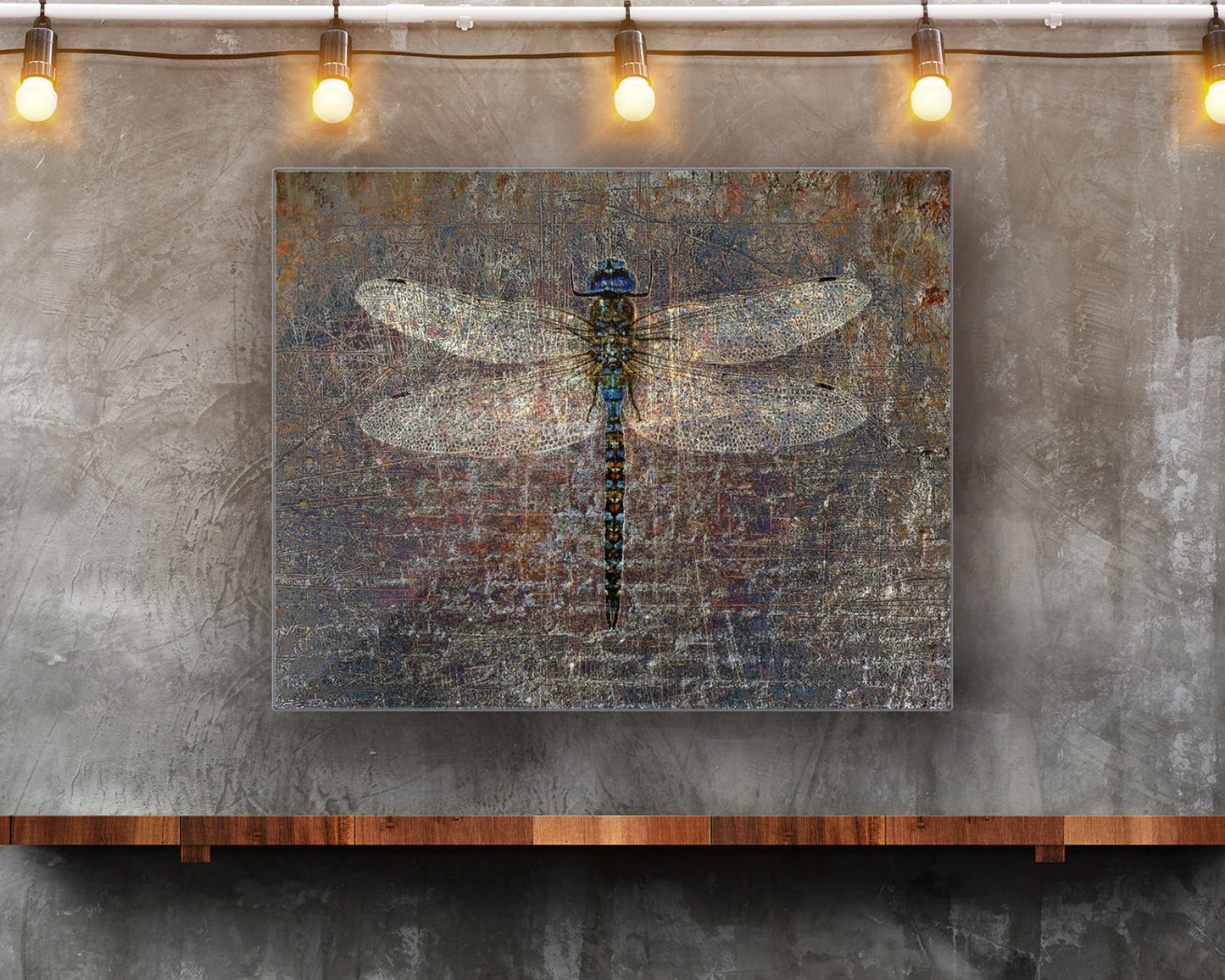 Dragonfly on Distressed Bricks Purple and Blue Filters Printed on Eco-Friendly Recycled Aluminum hung on wall