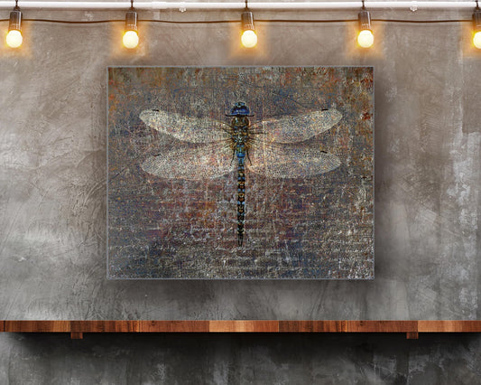 Dragonfly on Distressed Bricks Purple and Blue Filters Printed on Eco-Friendly Recycled Aluminum hung on wall