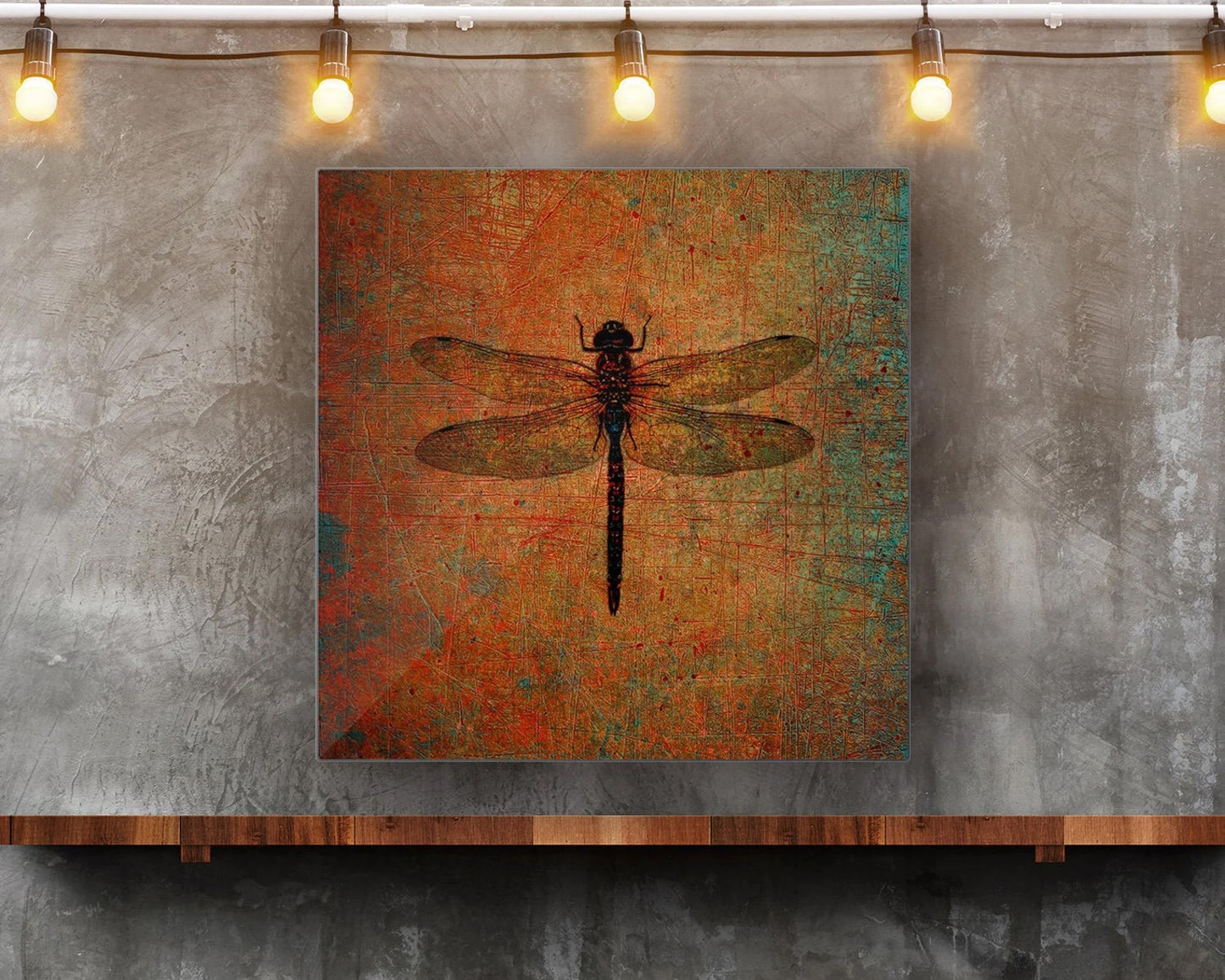 Dragonfly on Distressed Brown Background Printed on Eco-Friendly Recycled Aluminum hung