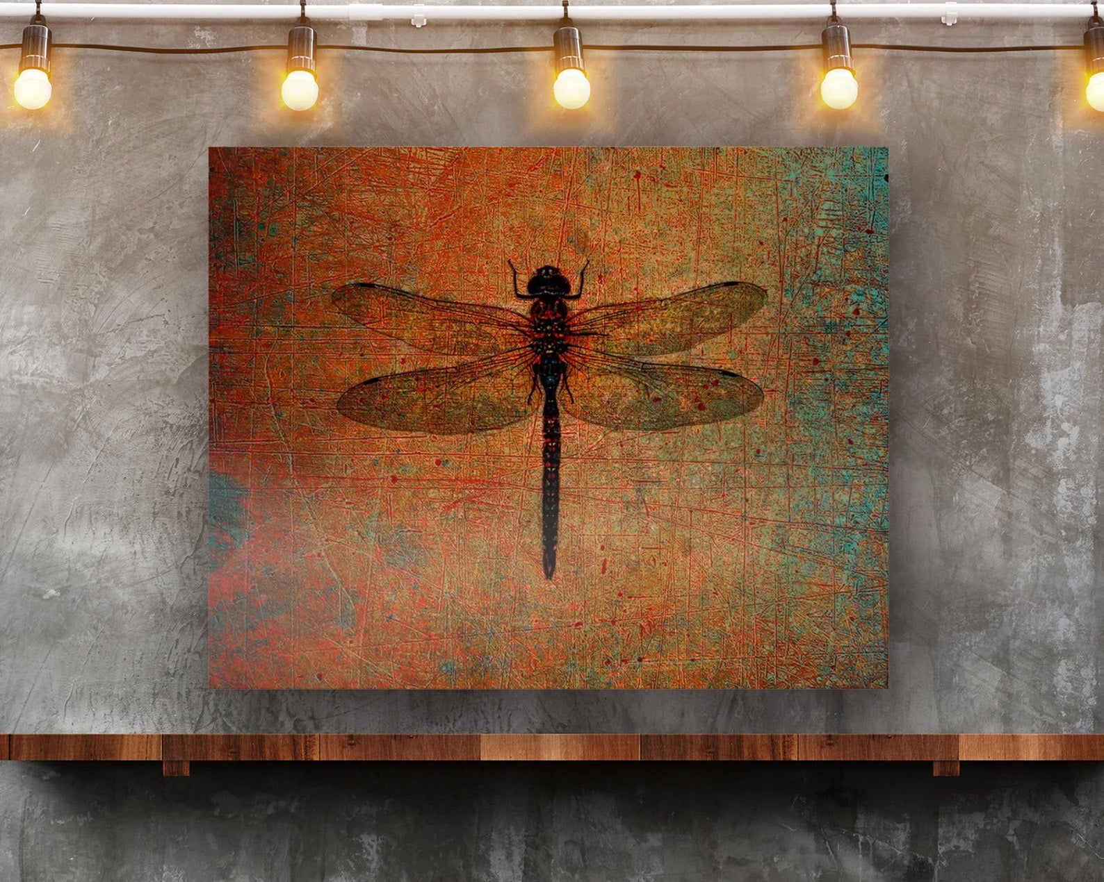 Dragonfly on Distressed Brown Background Printed on Rectangular Eco-Friendly Recycled Aluminum hung on wall