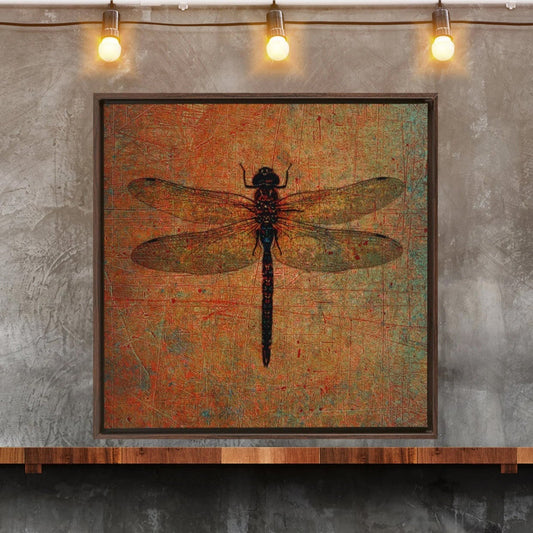Dragonfly on Distressed Brown Background Square Floating Frame Canvas hung below lights