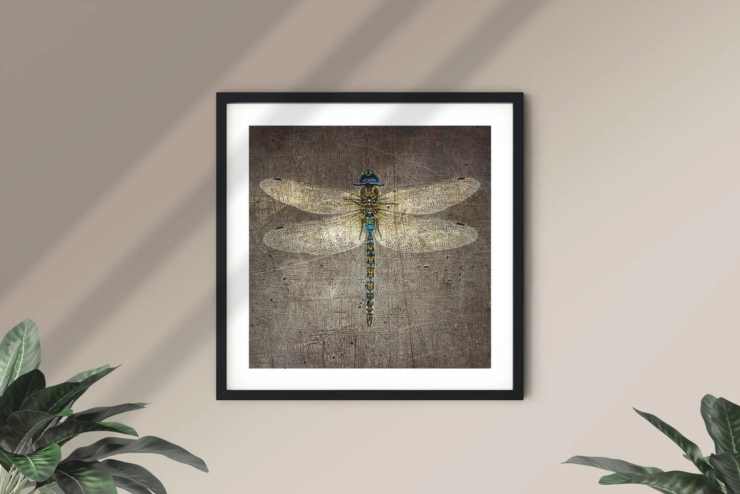 Dragonfly on Distressed Granite Background Print on Museum-quality Archival Paper Print framed and hung