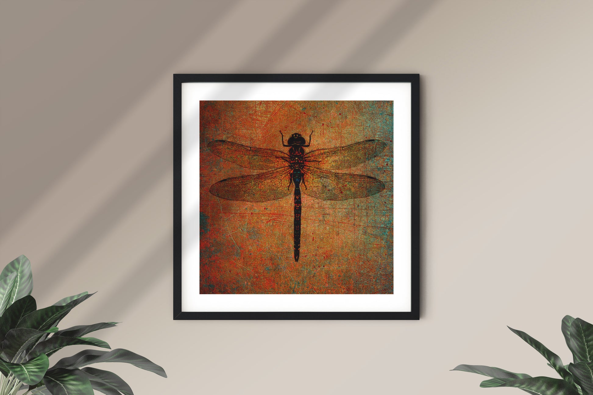 Dragonfly on Distressed Stone Background - Museum-quality Art Print on Archival Paper framed and hung