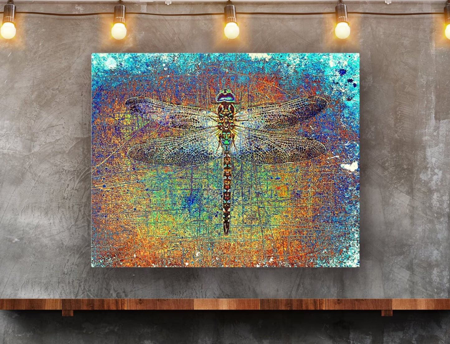 Dragonfly on Multicolor Background Printed on Rectangular Eco-Friendly Recycled Aluminum hung on wall