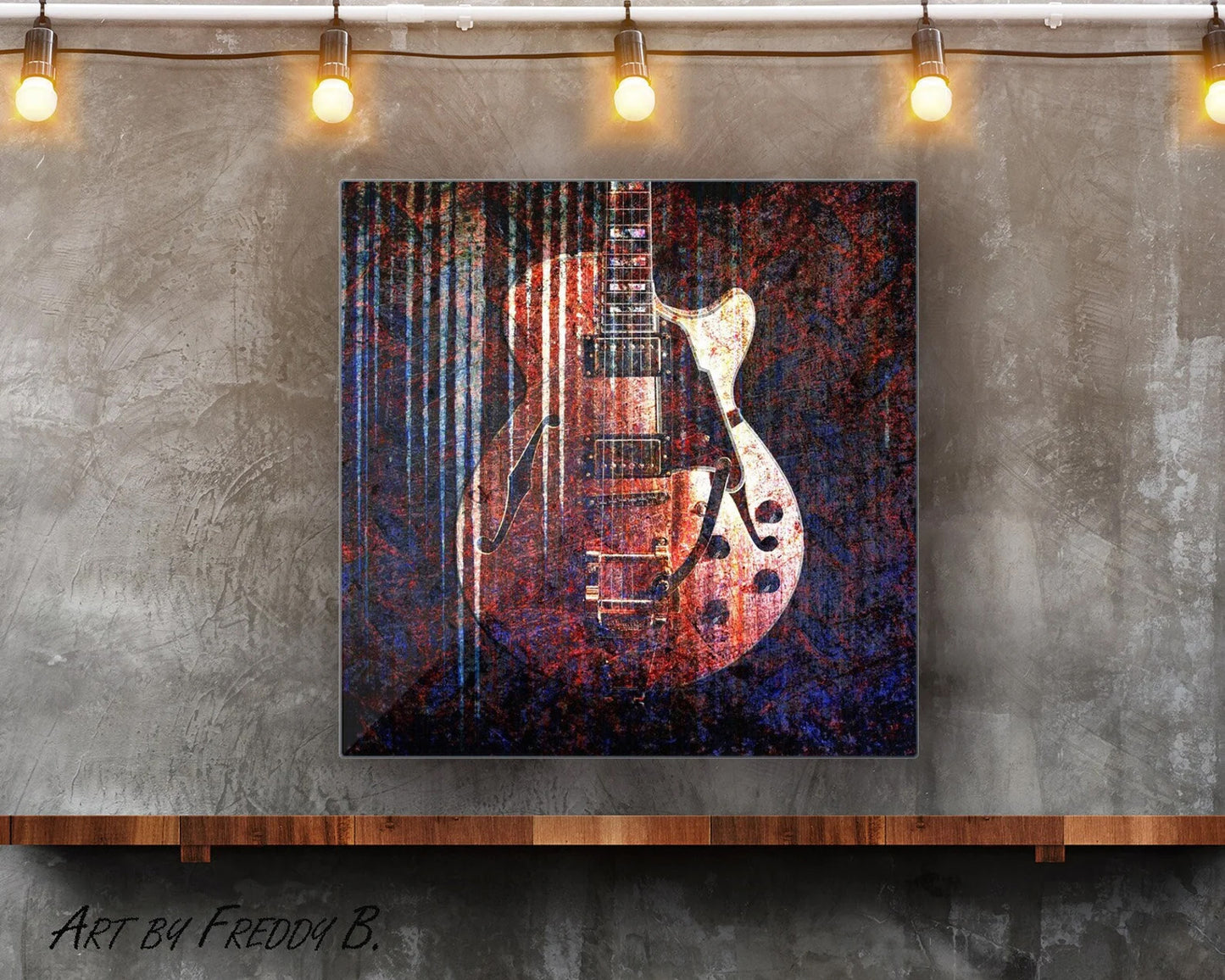 Electric Guitar Grunge Red and Blue Filters Printed on Eco-Friendly Recycled Aluminum hung