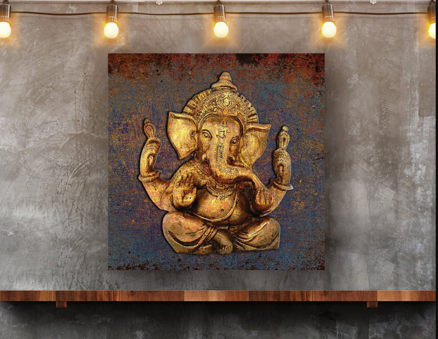Ganesha on Distressed Purple and Orange Background Printed on Recycled Aluminum hung on wall