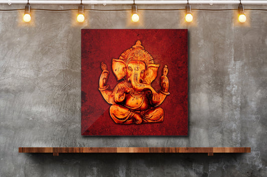 Golden Ganesha on a Distressed Lava Red Background Printed on Recycled Aluminum hun on wall
