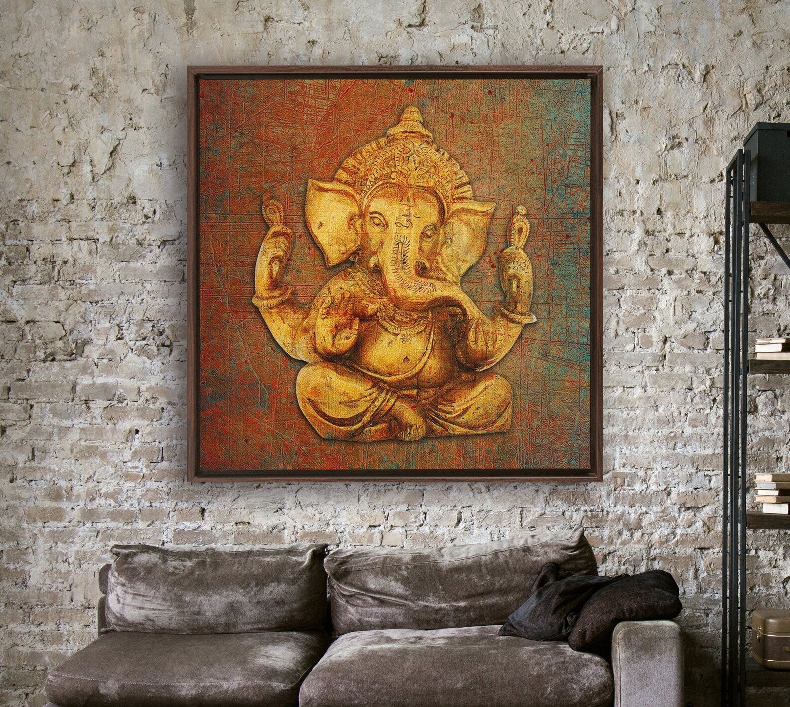Ganesha on a distressed background Floating Frame Canvas hung