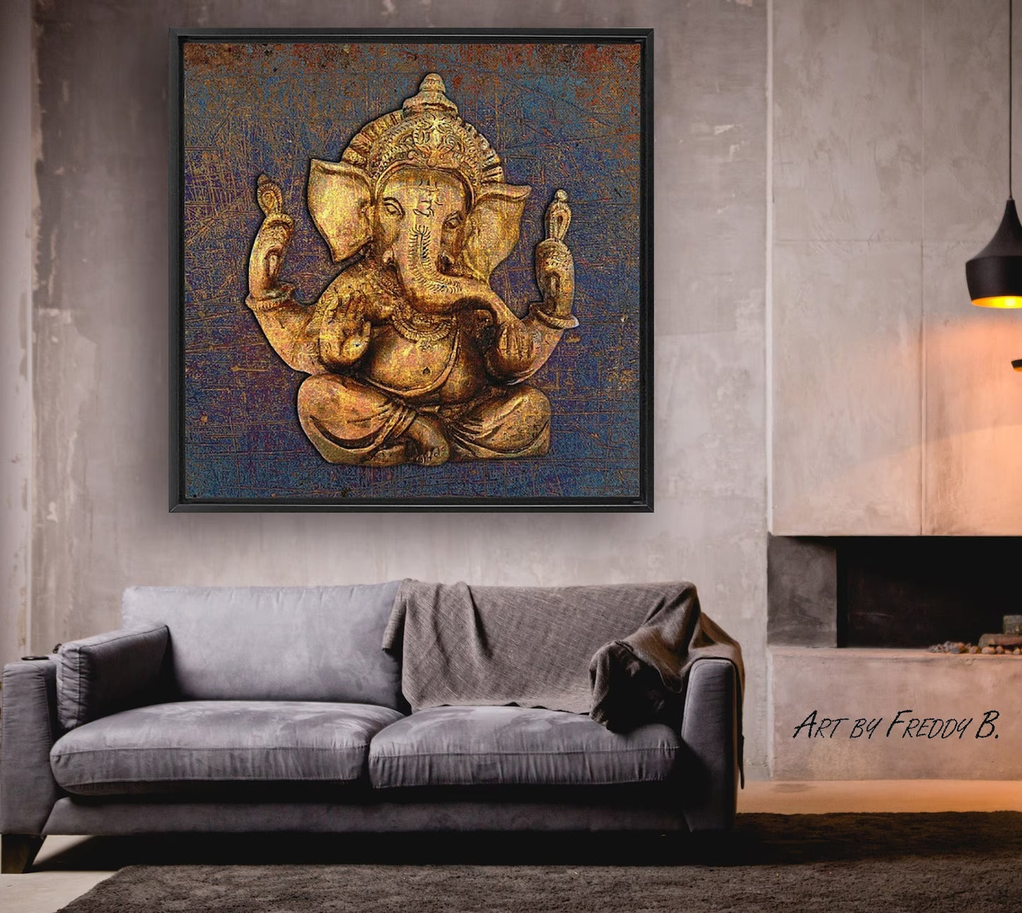 Ganesha on a distressed purple and orange background Floating Frame Canvas hung