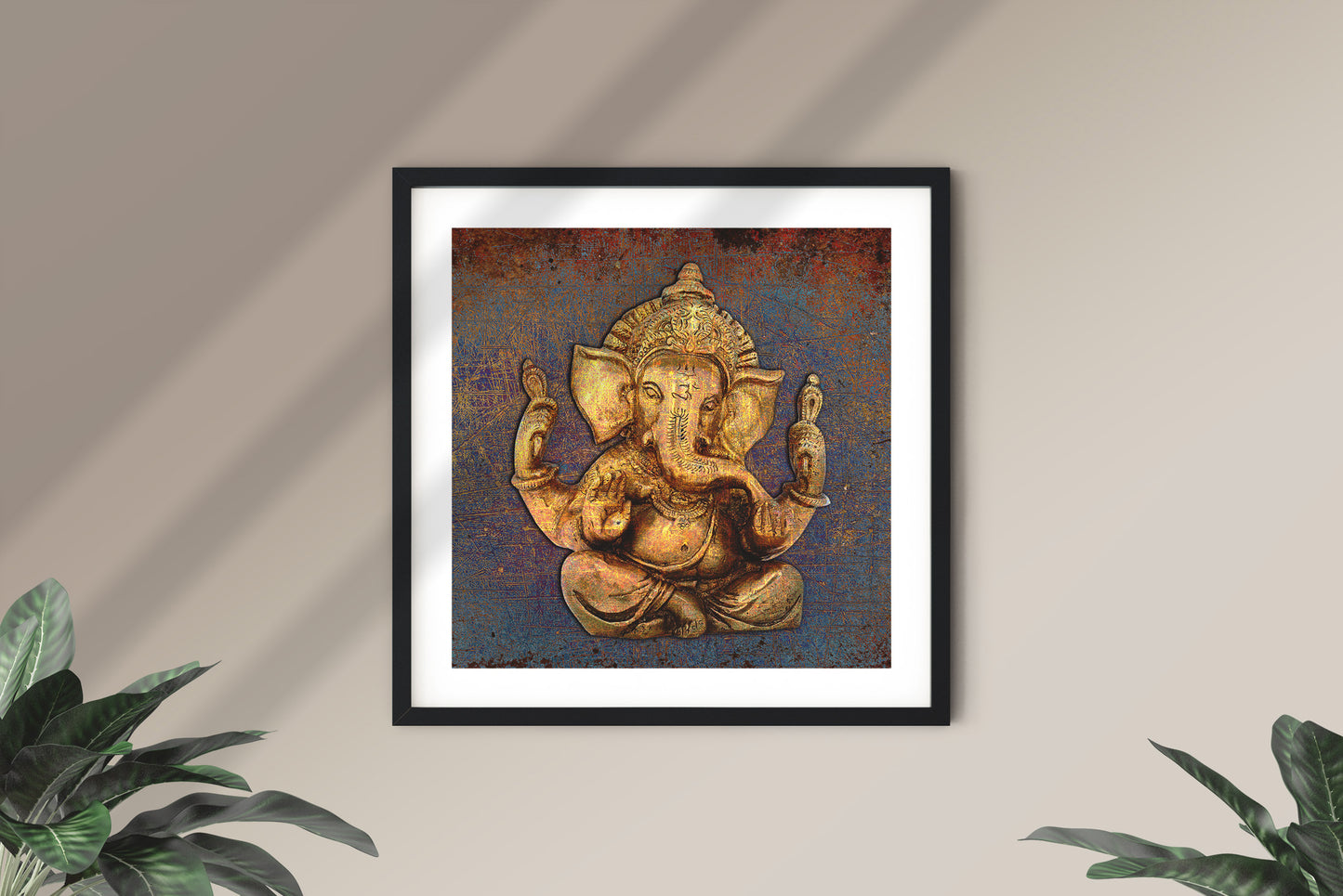 Gold Ganesha on a Distressed Purple and Orange Background Museum-quality Print on Archival Paper framed and hung