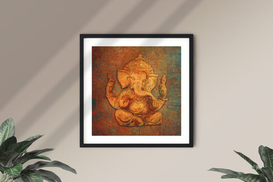 Gold Ganesh on Distressed Stone Background - Museum-quality Art Print on Archival Paper framed and hung