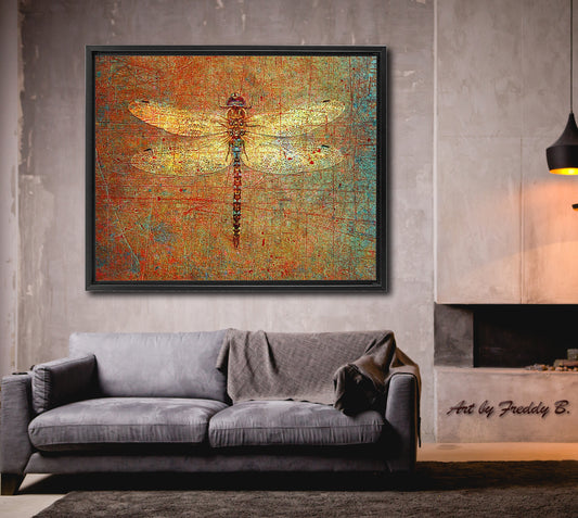 Golden Dragonfly on Distressed Stone Background Floating Frame Canvas hung on modern wall