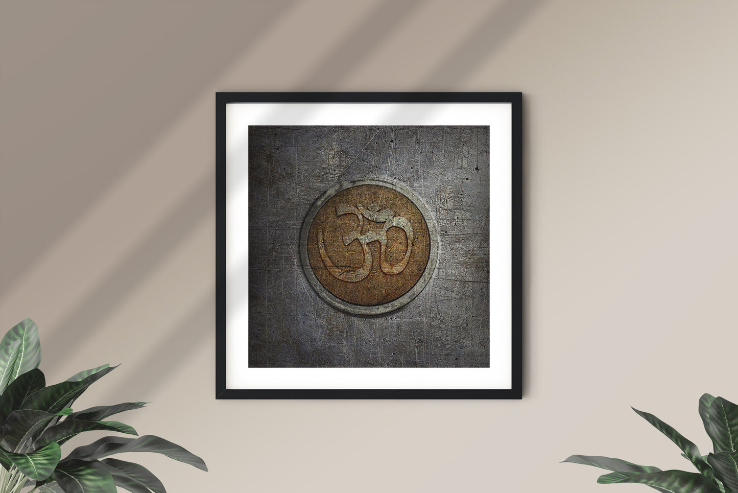 Golden Om Symbol on Distressed Stone - Museum-quality Art Print on Archival Paper framed and hung