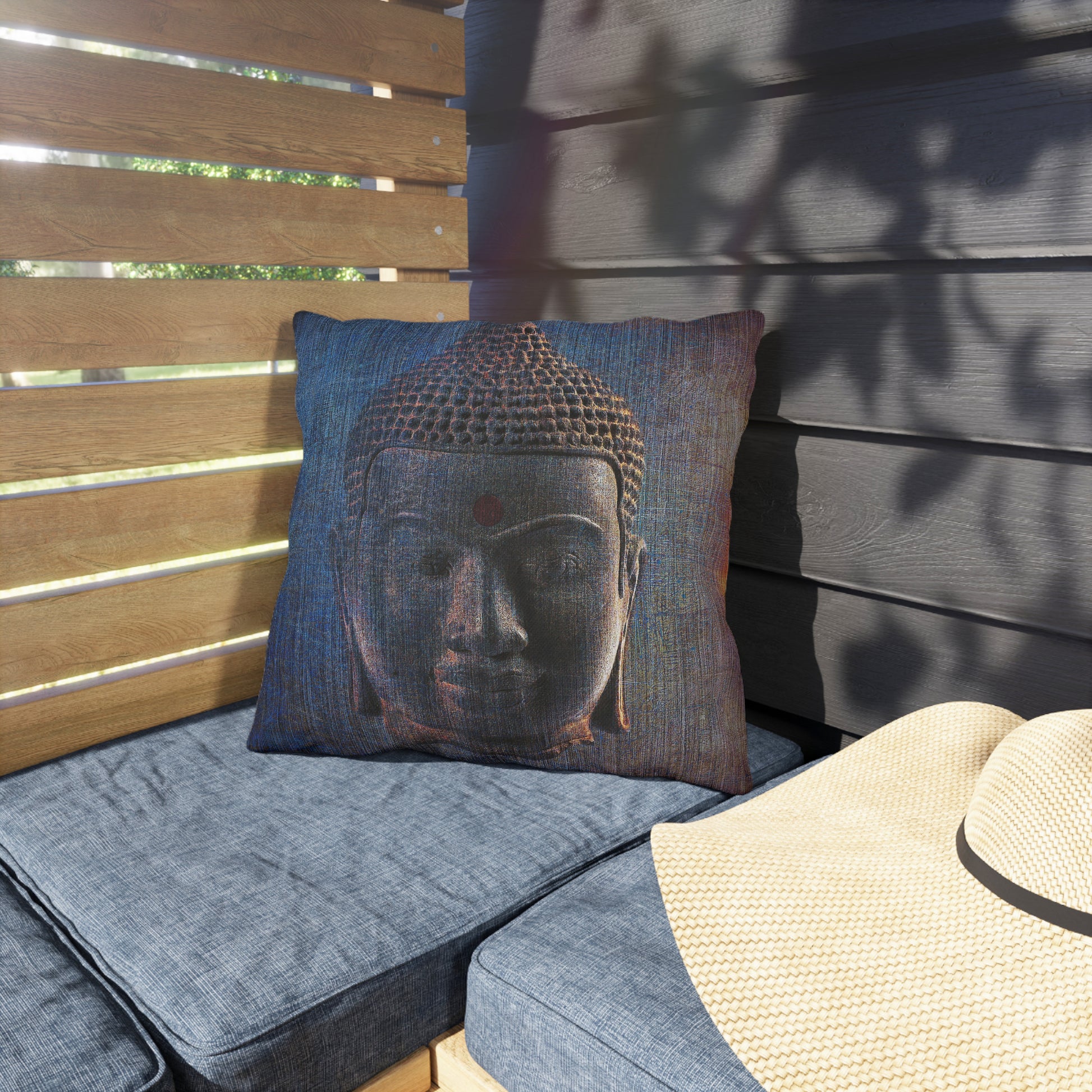 Distressed Blue Buddha Head Print on Outdoor Pillow on patio