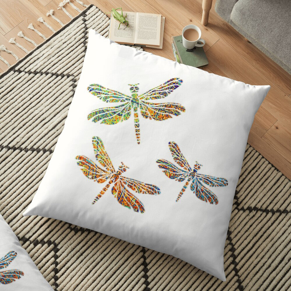 Minimalist square white pillow with 3 colorful Dragonflies print on rug