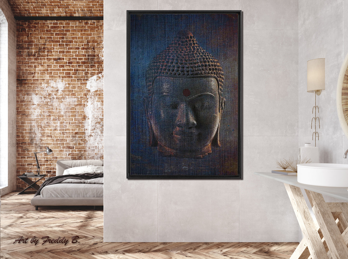 Blue Buddha Head on Distressed Background Print on Canvas in a Floating Frame hung in bedroom