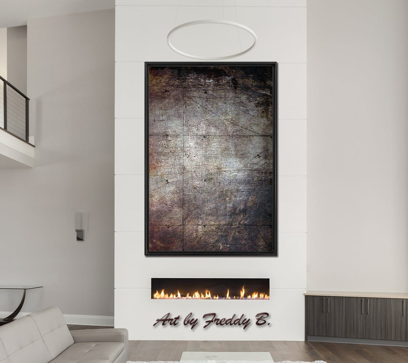 Modern Art Distressed Concrete Slab Print on Canvas in a Floating Frame hung above fireplace