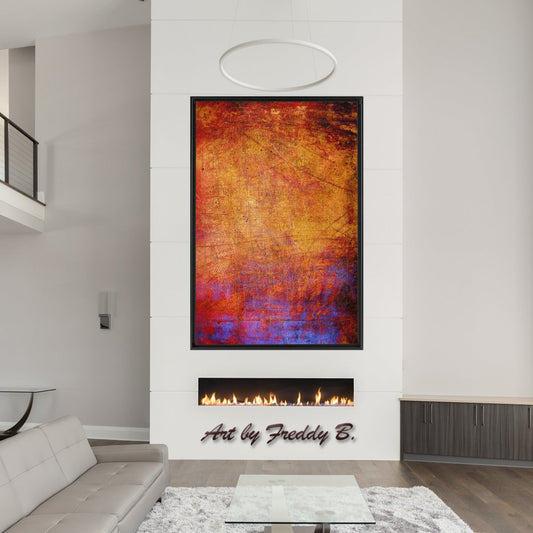 Modern and Abstract Art Print - Blue and Gold Distressed Concrete Slab Vertical Print on Canvas in a Floating Frame hung above fireplace