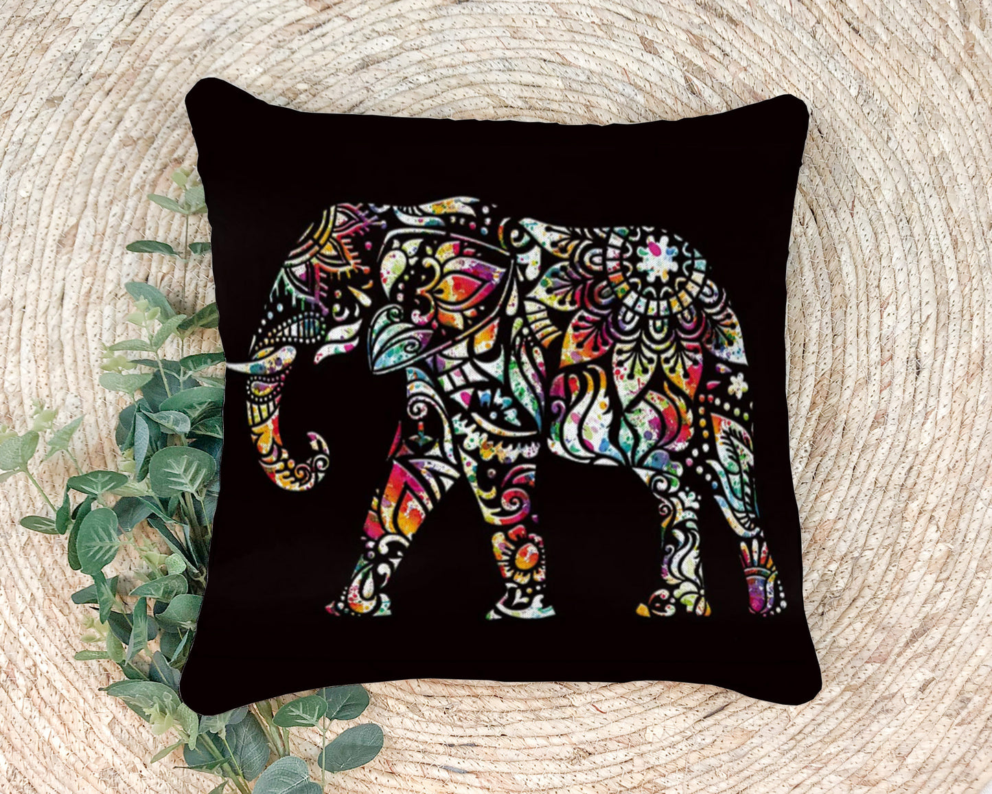 Multicolor Indian Elephant Mandala Style on Black Background Spun Polyester Square Pillow on rug