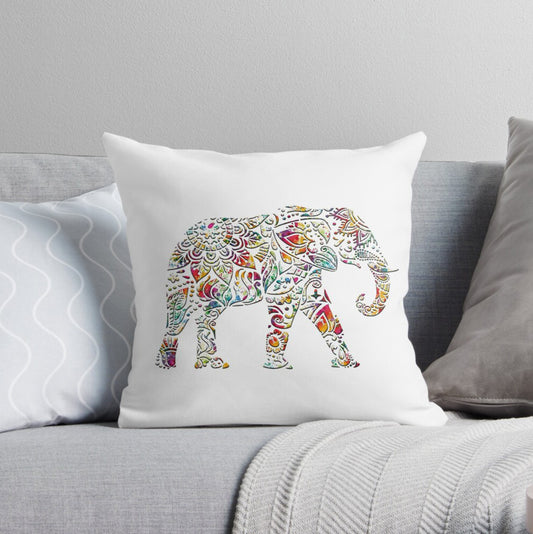 Multicolor Indian Elephant Mandala Style on White Background Square Pillow on bed