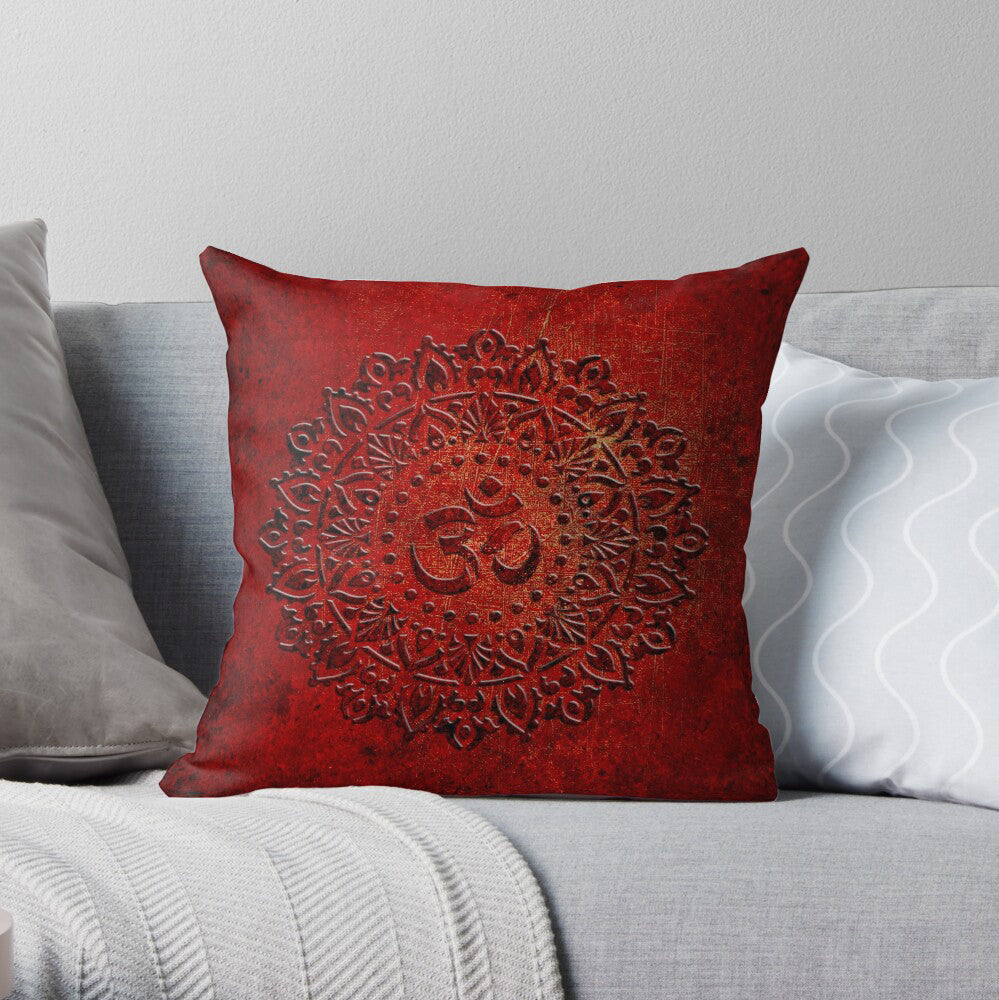 Ohm Symbol Mandala Style Print on Lava Red Background Pillow on Sofa